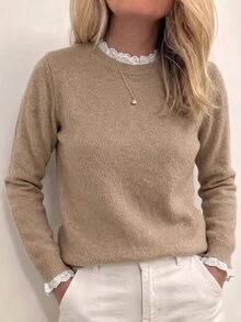 Sprig & Strand 春夏女款休閒居家舒適優雅針織上衣，純色長袖小圓領蕾絲拼接套頭衫，上班通勤穿搭毛衣 - 棕色 - 查看 1