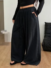 Coolane 女款大尺碼春夏秋外出度假正式休閒優雅波西米亞風棉質抽繩腰黑色長褲套裝 - 黑色 - 查看 2