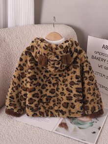 SHEIN Genkimix Kids 女童秋冬休閒時尚豹紋抓絨拉鍊連帽外套開襟衫 - 棕色 - 查看 2