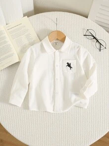 SHEIN Baby Boy Baby Girl Baby Boy White Shirt With Horse Pattern, Collared Long Sleeve Button-Up Top, Suitable For Back To School Season And Wedding Occasions - White - View 3