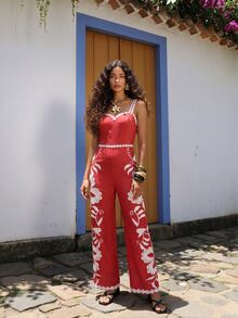 CAJUNI Tropical Vacation Embroidery Flower Cute Jumpsuit - Red and White - View 3