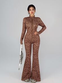 DAZY Jumpsuit Wanita Motif Leopard dengan Resleting Pas Badan - Coklat - View 7