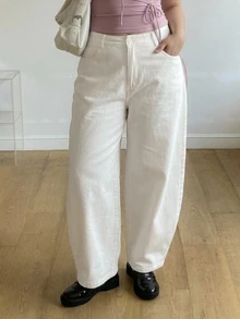 Dazy Plus Plaid Back Pocket Decor Loose Casual Solid Color Girly Versatile All-Season Long Pants - Apricot - View 3
