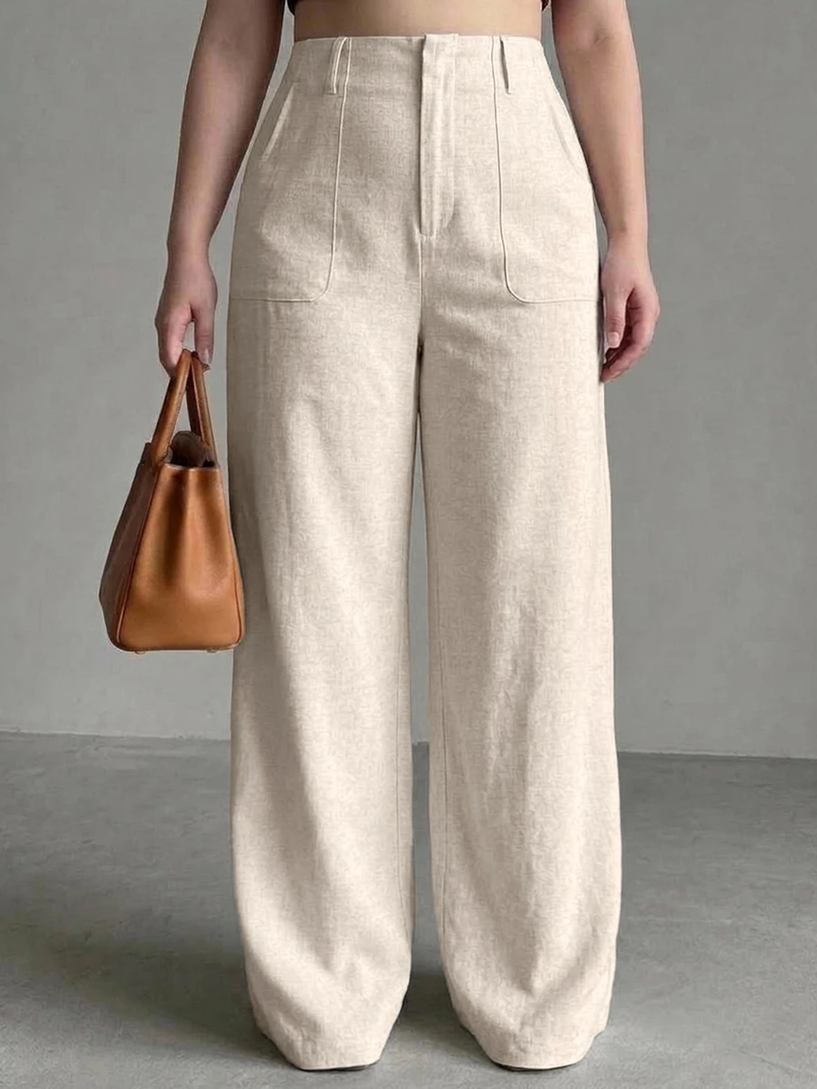 Dazy Plus High Waist Apricot Solid Color Large Pocket Loose Straight Leg Wide Leg Linen Pants - Apricot - View 1