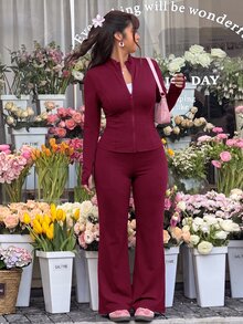 Solflare Plus Size Casual Lightweight Yoga Elastic Jacket & Flare Pants 2 Pieces Set - Burgundy - View 5