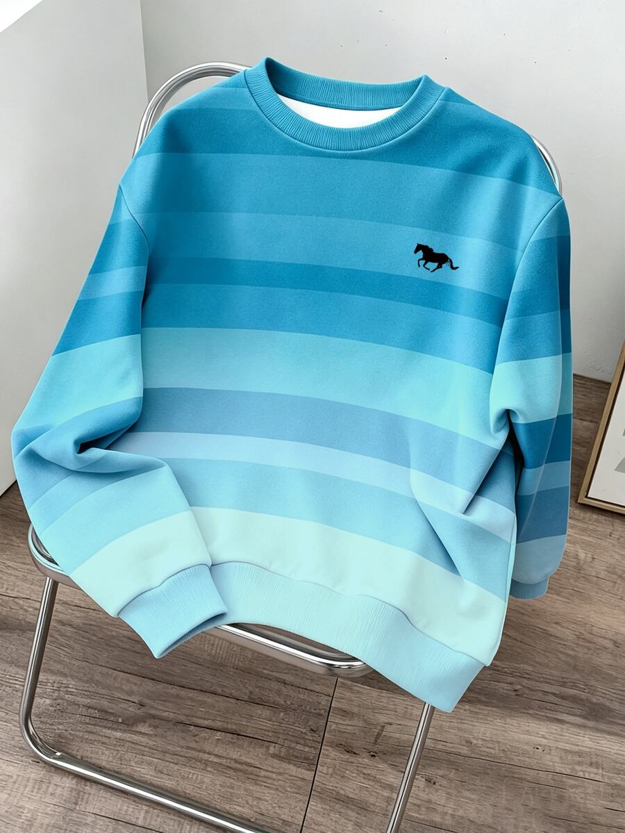 Manfinity Joysei Men's Striped Print Crew Neck Long Sleeve Sweatshirt - Teal Blue - View 1