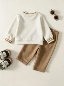 Kids Infant Boys Elastic Ribbed Pullover Long Sleeve Sweatshirt + Corduroy Long Pants Set - Multicolor - View 2