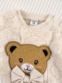 SHEIN 新生兒秋冬可愛毛茸茸卡通熊圖案運動衫套裝嬰兒 - 米色 - 查看 6