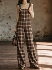 SHEIN Plaid Loose Retro Casual Versatile Autumn/Winter Long Overalls Jumpsuit For Women - Coffee Brown - View 4