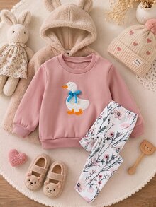 SHEIN 女嬰加厚抓絨套頭秋季衛衣，可愛鴨子刺繡圖案，百搭花朵彈性印花內搭褲套裝，適合冬季 - 淺粉色 - 查看 4