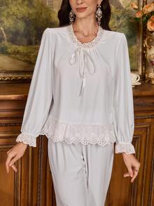 PalaceNights Women's Autumn/Winter Velvet Royal Style Embroidered Lace Tie Long Sleeve Pajama Set - White - View 4