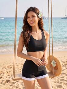 DAZY 女款夏季海灘純色分體式泳衣套裝，包含坦克背心式泳衣上衣與短褲，2件組 - 黑色 - 查看 1