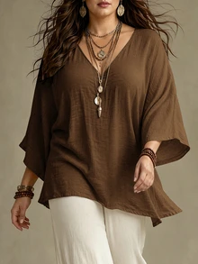 Ceyna Blus Wanita Ukuran Besar Gaya Prancis Kasual Elegan Leher V Lengan 3/4 - Coklat - View 3