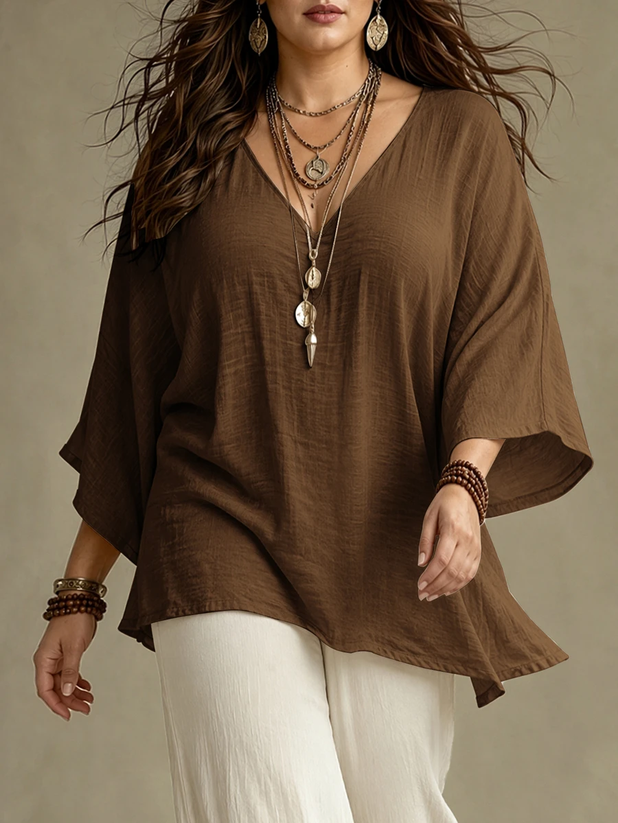 Ceyna Plus Size Women's French Casual Elegant V-Neck 3/4 Sleeve Blouse - Brown - View 1