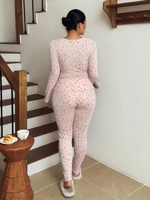 Dazy Plus 2pcs/Set Elegant Pink Ditsy Floral Long Pants Loungewear Pajama Set - Pink - View 2