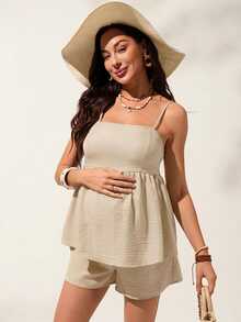SHEIN Women's Casual Vacation Solid Color Ruffle Collar Cardigan & Shorts Maternity Set, Spring/Summer - Apricot - View 5