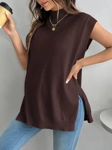 SHEIN Maternity Solid Color Stand Collar Side Slit Hem Casual Knit Vest - Coffee Brown - View 4