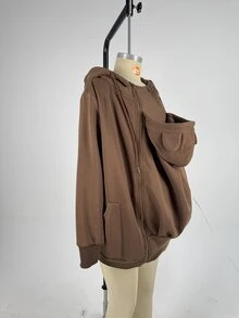 SHEIN Solid Color Long Sleeve 3-In-1 Maternity Jacket For Home Pregnancy Vacation, Autumn/Winter Brown Dressy Baggy - Coffee Brown - View 10