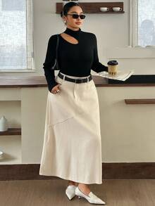 Dazy Plus Autumn New High Waist Solid Color Asymmetric Patchwork Loose A-Line Denim Long Skirt - Apricot - View 4