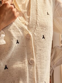 SHEIN Women's Elegant French Embroidered Button Knit Vest Cardigan Everyday Day Time Off White Autumn - Apricot - View 2