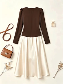 GlowEve CURVE Plus Size Autumn/Winter Elegant Commuter Square Neck Front Metal Button Jacket & A-Line Skirt 2 Pieces Set - Coffee Brown - View 2