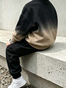 2件組小男孩圓領衛衣與工裝褲套裝，漸層設計閃電印花服飾，長袖街頭風，適合假期派對，舒適休閒，春夏秋季穿著，柔軟舒適，男嬰首選，時尚休閒外出穿搭 - 黑色 - 查看 2
