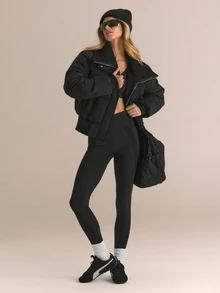 GLOWMODE Soft Matte Chase The Glow Water Repellent Relaxed Fit Bomber Jacket With Knit Collar, Ribbed Cuffs & Metallic Zipper Daily Casual Fall Winter Wear - Black - View 8
