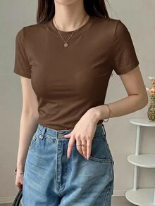 DAZY Solid Color Round Neck Fitted Short Sleeve Base Layer T-Shirt For Women - Coffee Brown - View 3