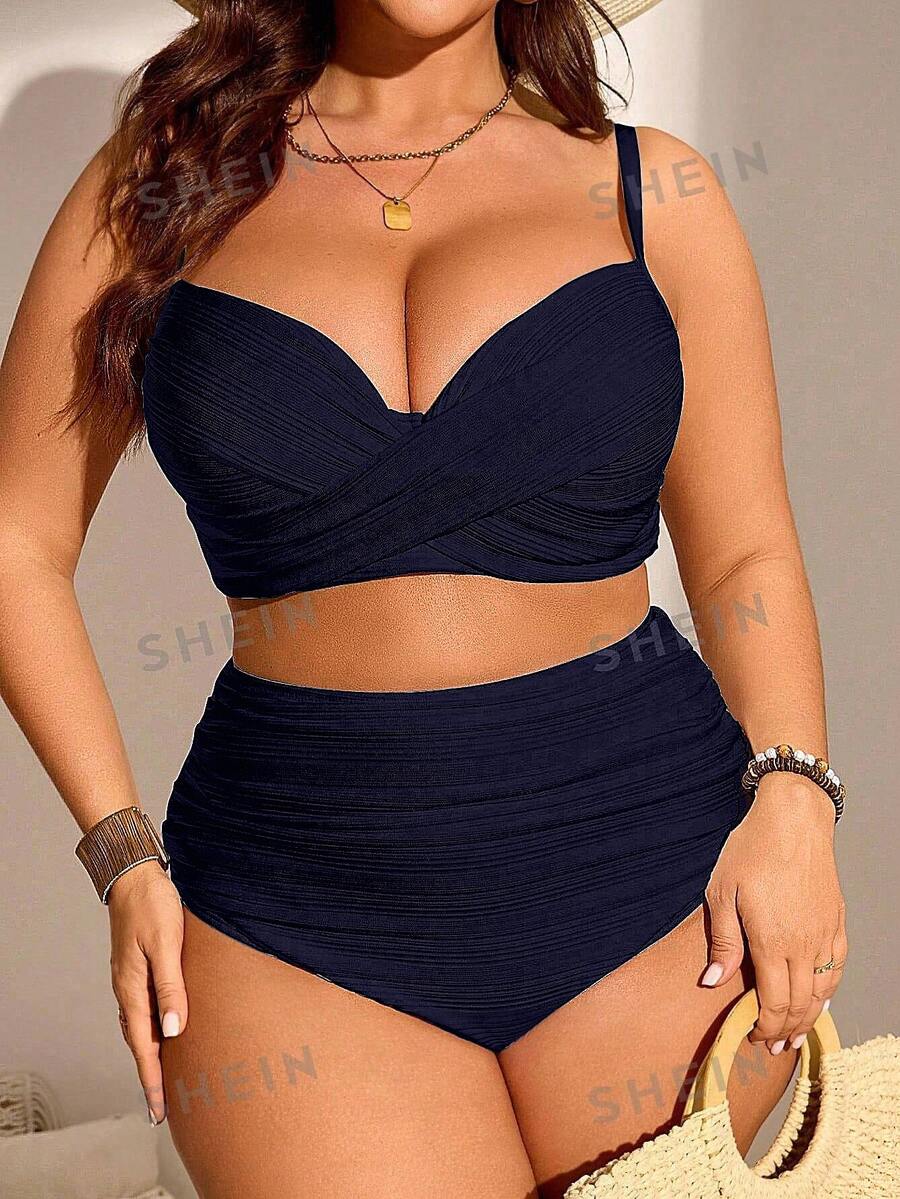 SHEIN Swim Curve 大尺碼女款兩件式純色聚攏胸部時尚極簡分體泳衣度假套裝 - 藏蓝色 - 查看 1