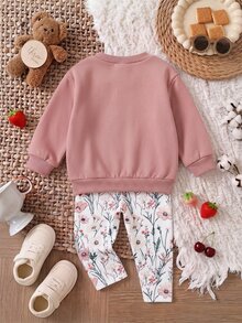 SHEIN 女嬰加厚抓絨套頭秋季衛衣，可愛鴨子刺繡圖案，百搭花朵彈性印花內搭褲套裝，適合冬季 - 淺粉色 - 查看 2