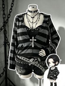 Sunspun 大尺碼女款條紋長袖拉鍊休閒運動衫 秋季 - 灰色 - 查看 1