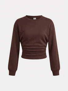 Tween Girl Tween Girl Tween Girl Tween Girls Tween Girl Grey Pullover Sweatshirt, Waist Ruched Loose Casual Versatile School Back To School Autumn New - Coffee Brown - View 6