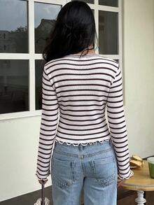 SHEIN Frenchy 女款條紋圓領長袖荷葉邊休閒T恤 - 彩色 - 查看 2