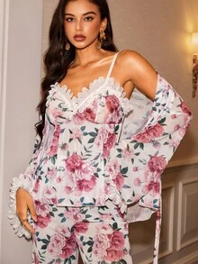 Slumberist Gentle Floral Ruffle Trim Pajama Set, Outer Tie-Front Cardigan, Camisole, Wide Leg Pants, Sexy Loungewear 4-Piece Set - White - View 2