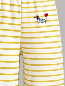 Tween Girls Long Sleeve T-Shirt & Wide Leg Pants Set Stripe Heart Embroidery Yellow Blue Fall Outfit 1 Set - Multicolor - View 5