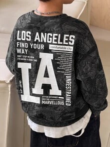 Tween Boy Casual Fashion Round Neck Long Sleeve Sweatshirt, Suitable For Autumn/Winter, Classic Handsome Cool Dry Branch & Fallen Leaf Print, Classic Text & Newspaper Layout Print, Suitable For Streetwear - Multicolor - View 1