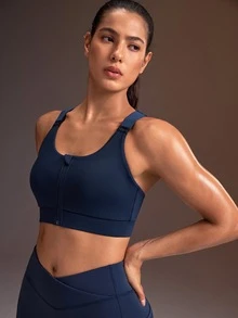 Powerista Bra Olahraga Wanita Motif Blok Warna dengan Potongan di Bagian Belakang untuk Aktivitas Harian - Navy Blue - View 6