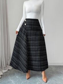 Elenzga Women's Autumn/Winter Vintage Plaid Tweed Skirt With Metal Buttons, Asymmetric Front Placket, Draped A-Line Silhouette - Black and White - View 7