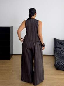POPSWAY Brown Pinstripe Sleeveless Top & Drapey Wide Leg Pants Set, Minimalist Slim Fit Commuter Women's 2 Pieces Outfit - Brown - View 2