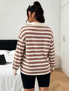 SHEIN EZwear 大尺碼女款條紋落肩長袖休閒寬鬆運動衫 - 白色 - 查看 2