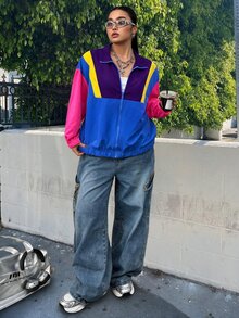 Muchica Autumn/Winter Casual Multi-Color Patchwork Plus Size Jacket - Royal Blue - View 5