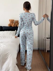 Napfluff طقم بيجامة نسائي بأكمام طويلة وبنطال طويل مطبوع بطبعة الكرز والخطوط - متعدد الألوان - مشاهدة 2