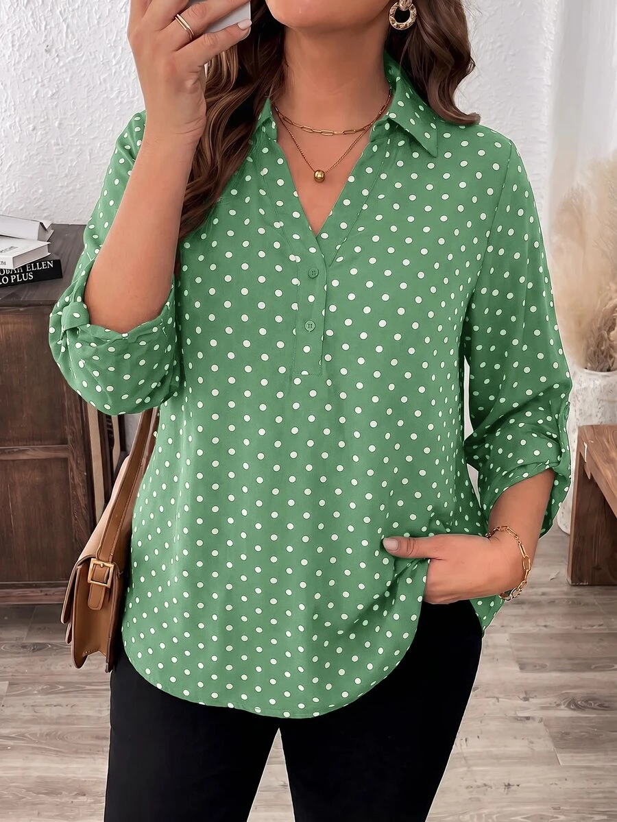 Easowa Curve Plus Size Leopard Print Mid-Sleeve Shirt - Olive Green - View 1