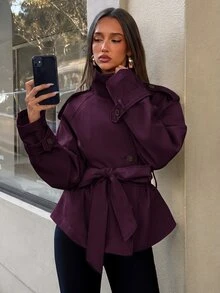 Aloruh 女款街頭風鈕扣高領長袖夾克 - 紫色 - 查看 3