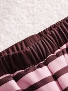 SHEIN Playful Pals 女童學院風 Polo 領 2 件套，粉色與棕色條紋對比翻領長袖上衣 + 高腰寬腿褲，經典馬術印花休閒套裝，適合中大童的百搭運動風，適用秋冬日常上學與外出 - 粉色 - 查看 5