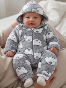 SHEIN 新生兒男嬰/女嬰可愛秋冬休閒白色毛茸茸卡通熊圖案連帽連身衣居家服 - 灰色 - 查看 3