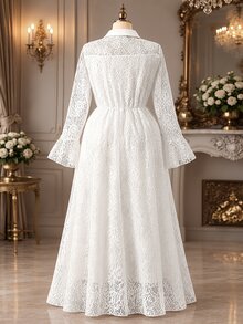 Rometta Plus Size Women's Lace Bell Sleeve Button Half-Placket Elegant Shirt Dress - White - View 2