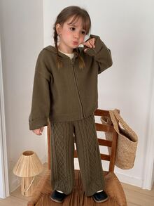 Hapijoa Young Girl Solid Color Zip-Up Hooded Knit Cardigan And Knit Pants Set Winter - Army Green - View 8