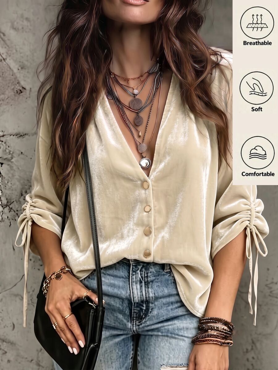 Holdful Holdful بلوزة نسائية محبوكة بياقة على شكل حرف V أنيقة للخريف - لون مشمشي - مشاهدة 1