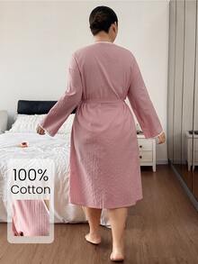 Napfluff CURVE Napfluff CURVE Minimalist Contrast Trim Tie Waist Plus Size Double Pocket Women's Robe - Pink - View 2